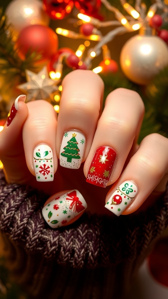 A collection of Christmas-themed nail art designs with festive colors and decorations.